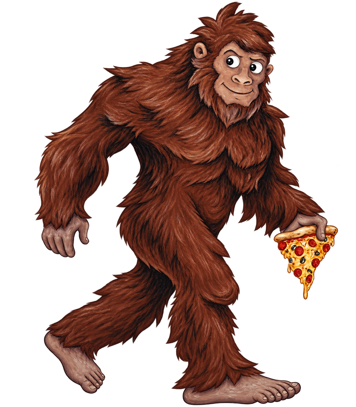 Our friendly brown yeti mascot holding a slice of pizza